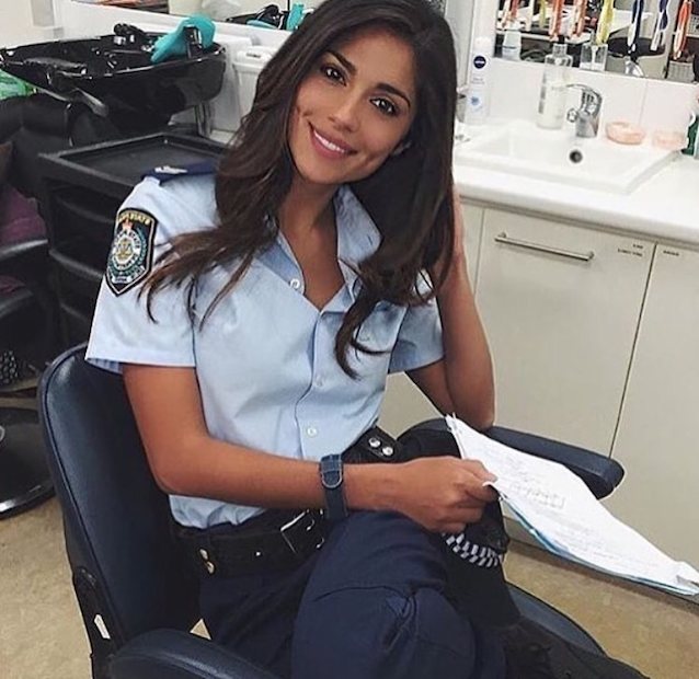 cop, uniform, brunette