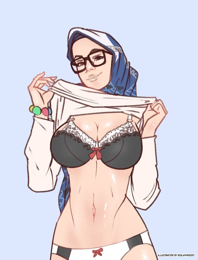 glasses, big boobs, cartoon, comics, hijab