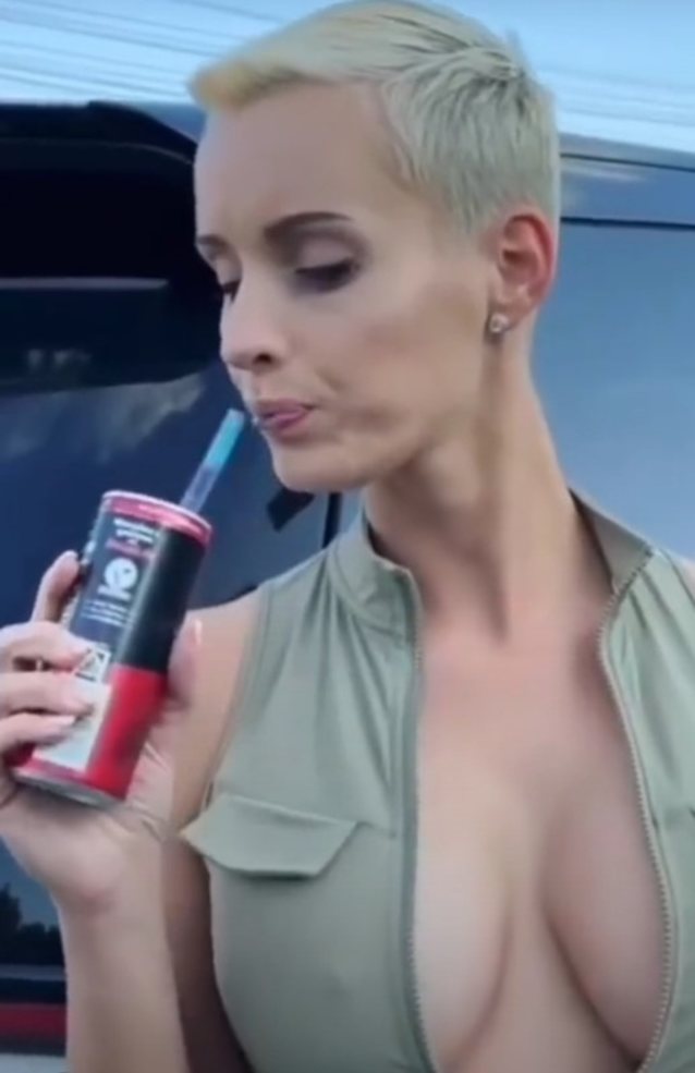 big tits, short hair, drinking cola