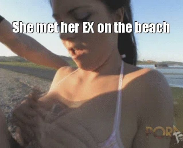 brunette, bikini, beach, public, caption