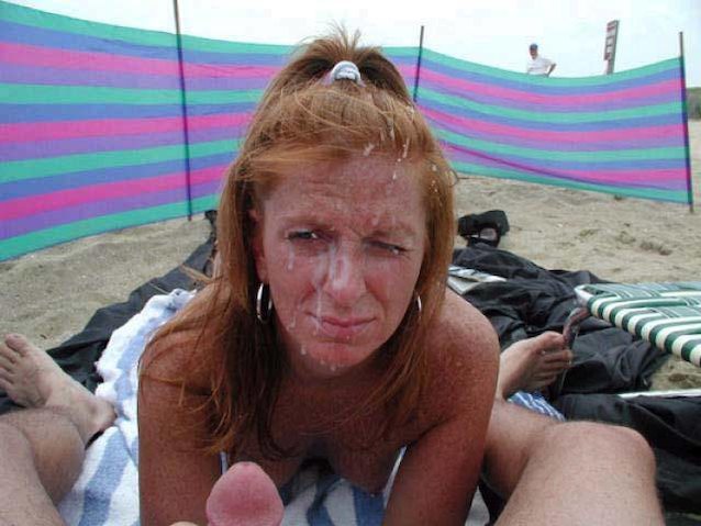 redhead, beach, facial, cumshot, public