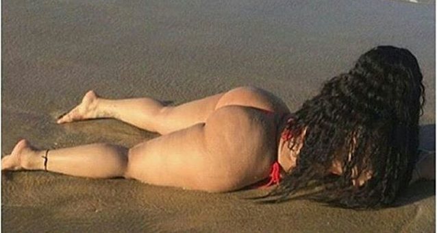 beach, cellulite, face down, red thong