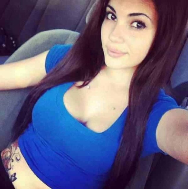 latina, blue shirt, car, selfie