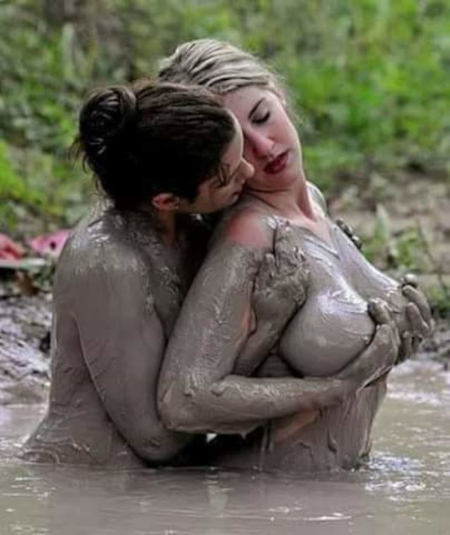 mud, lesbian, busty, big tits, outdoor