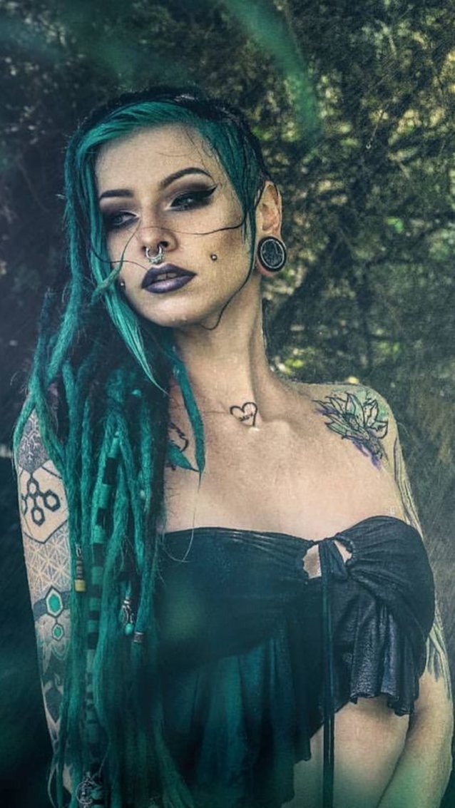 green hair tattoo model