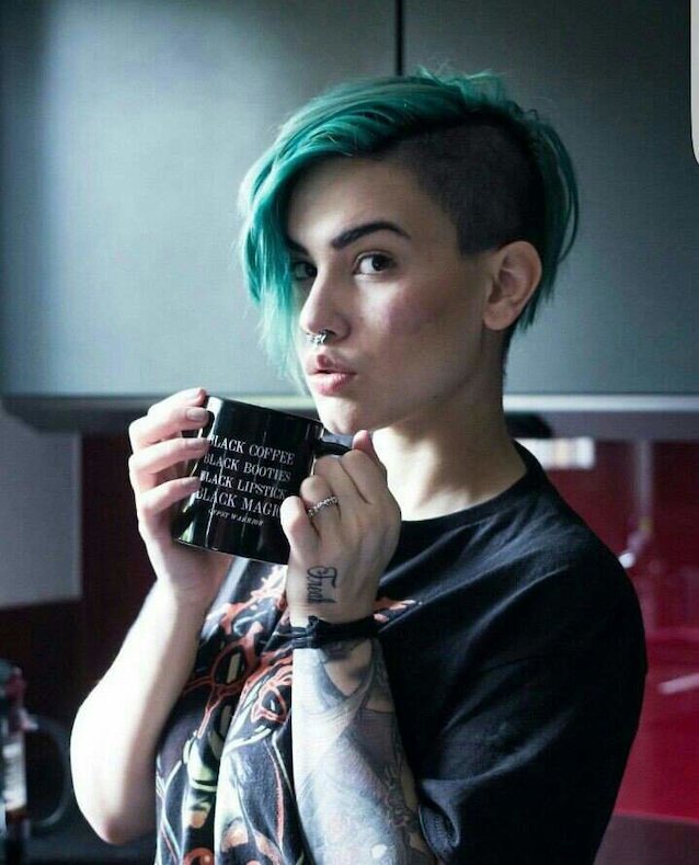 tattoos, model, shaved, coffee, mug