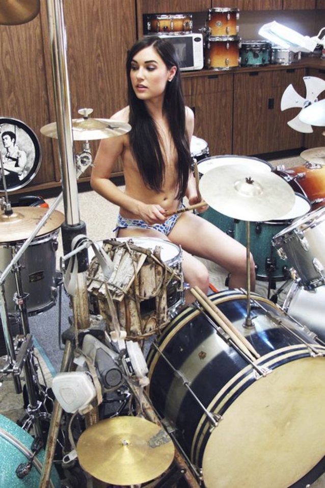 dark hair, drum, topless