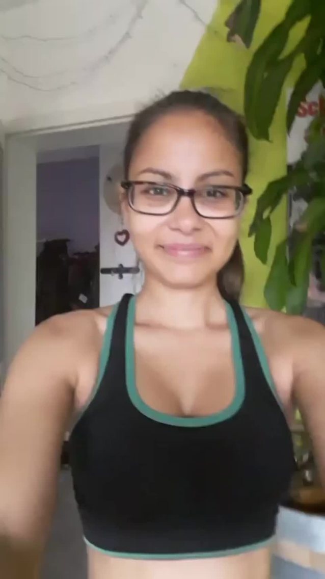 petite, glasses, cute smile, shaved pussy