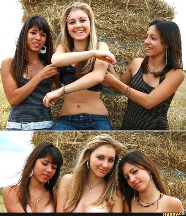 blonde, brunette, strip, hay, bale