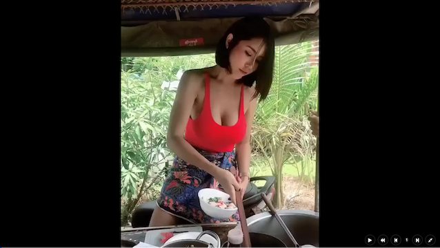 asian, cooking, giggleboobs, outdoors, cutie