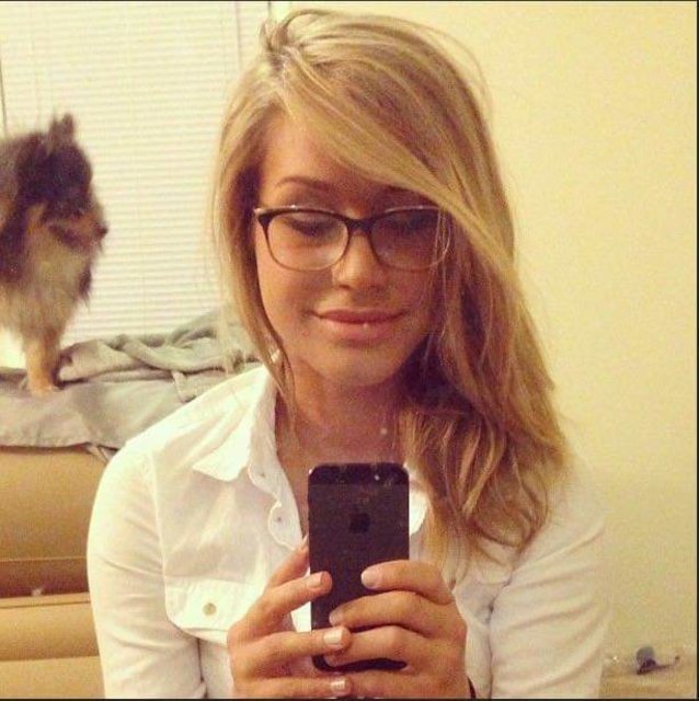 phone, smile, blonde, glasses, white shirt