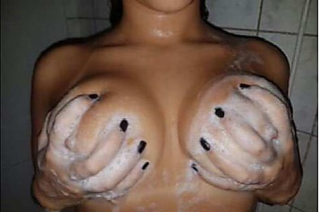 tits, soap, bath, holding, black nails