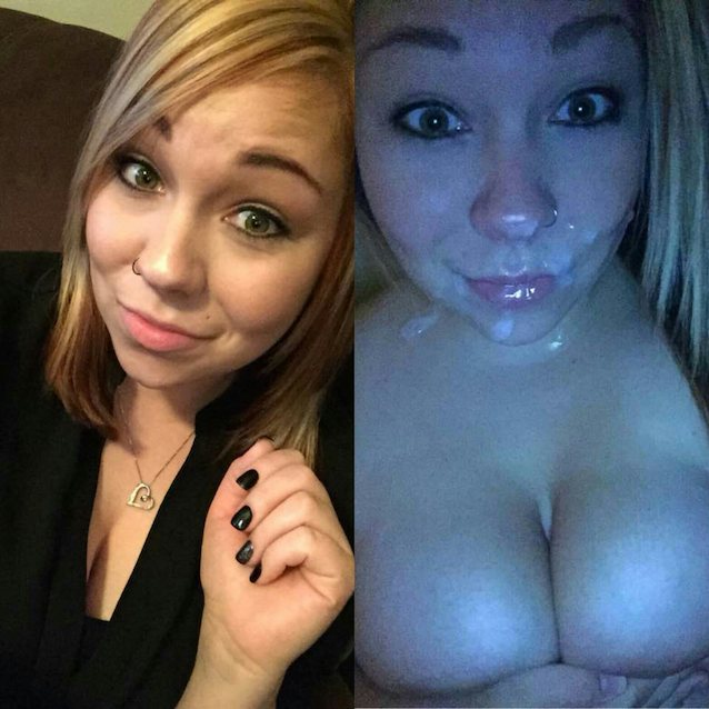 blonde, nose ring, cumshot, before after