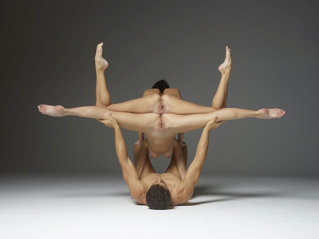 naked yoga, mff, flexible, shaved, spread eagle