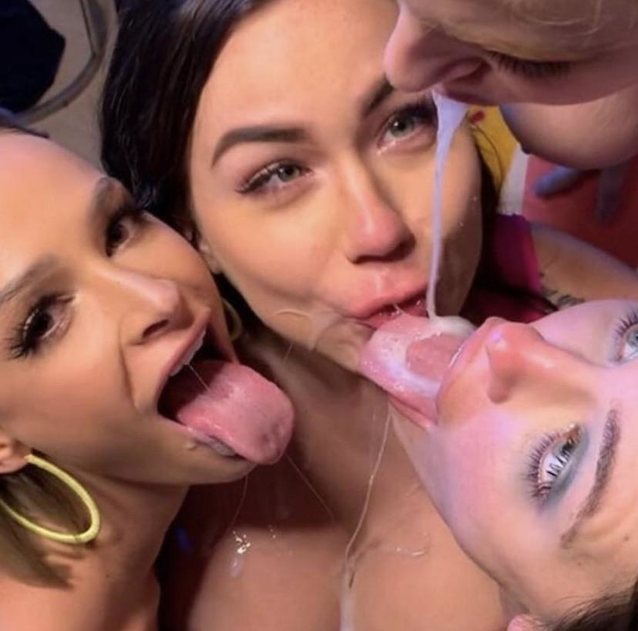 cum sharing, four girls, share, tongues out