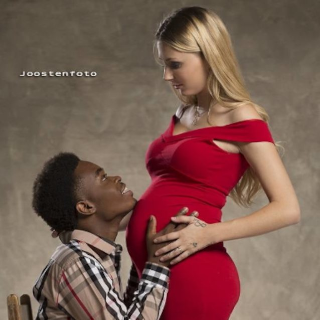 interracial, blonde, red dress, pregnant