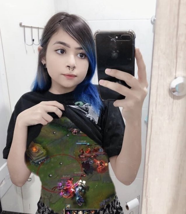 selfie, photoshop, blue hair, boobs, white