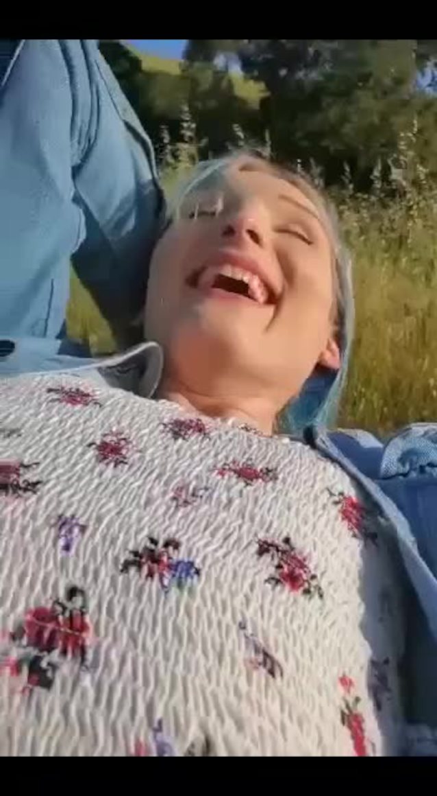 blowjob, public, outdoor, blonde, blue hair