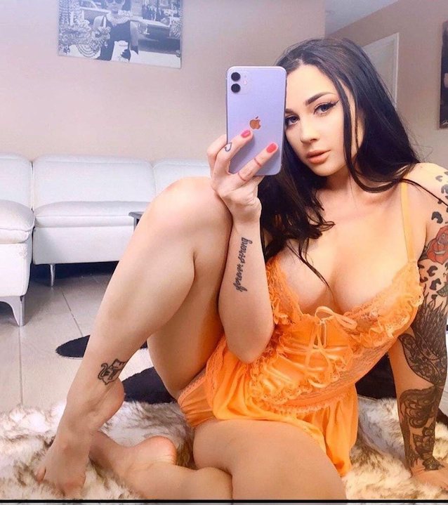 orange lingerie, brunette, alt, tattoo, thick