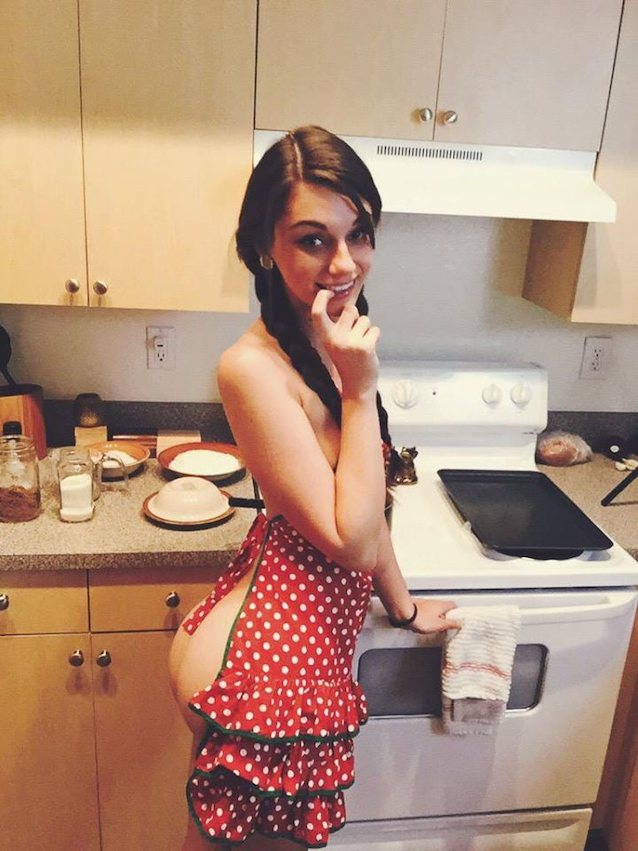 kitchen, tiny tits, brunette