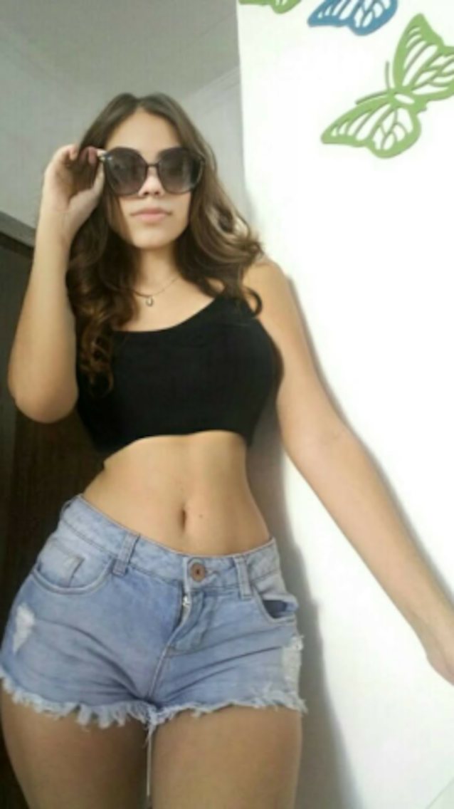 teen, brunette, busty, jeans, jean shorts