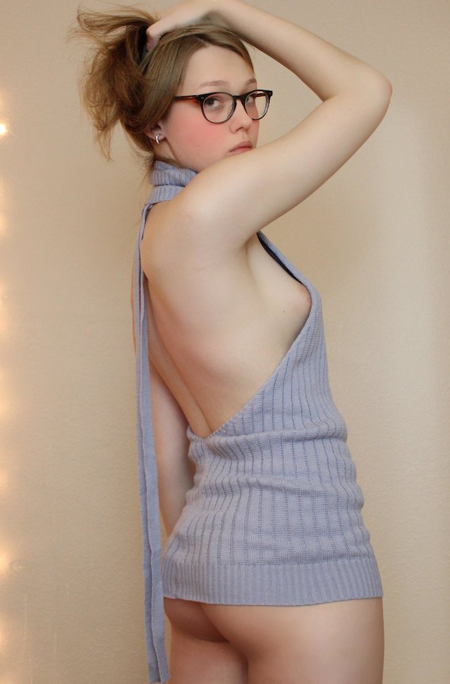 blonde glasses grey dress