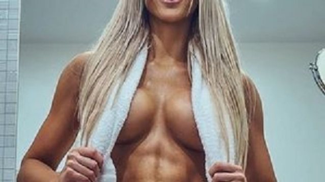 blonde, fitness, abs, towel, bathrrom