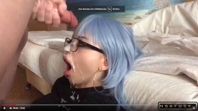 blue hairs, blue, fake lips, blowjob, cum on face