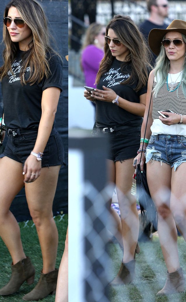 shorts, black tshirt, hillary duff, coachella, music festival