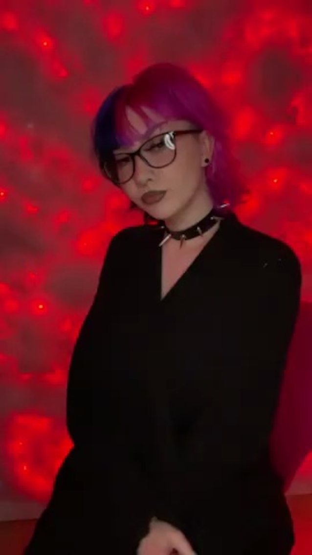 glasses, pink and blue hair, big tits, lingerie, goth