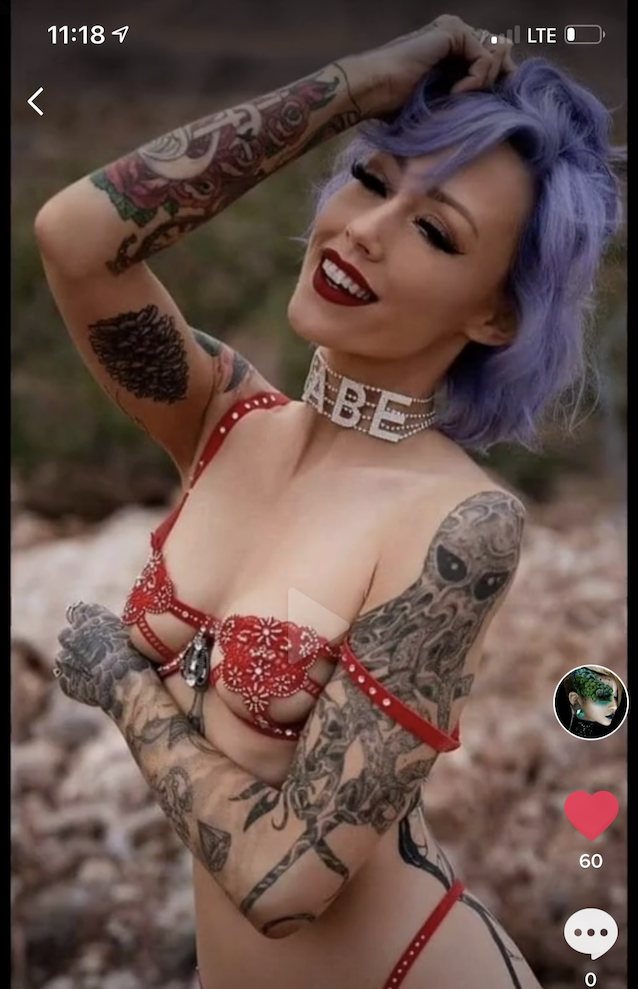 model, asian, purple hair, inked, tattoos