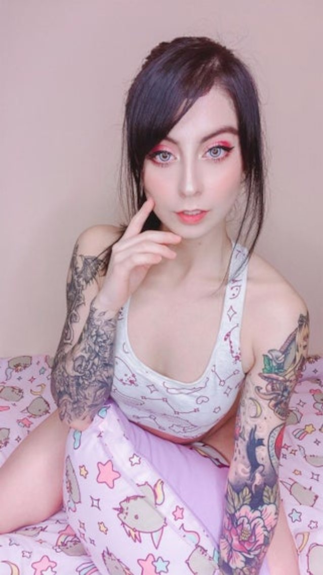 tattoo, clothed, pink, black hair