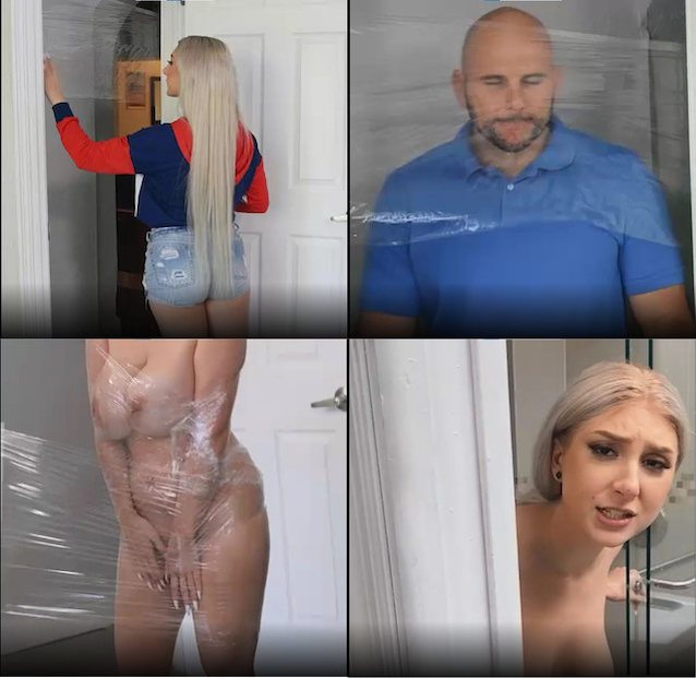 cellophane, shower, blonde, joke, brazzers