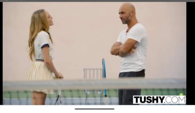 blonde girl bald guy tushy