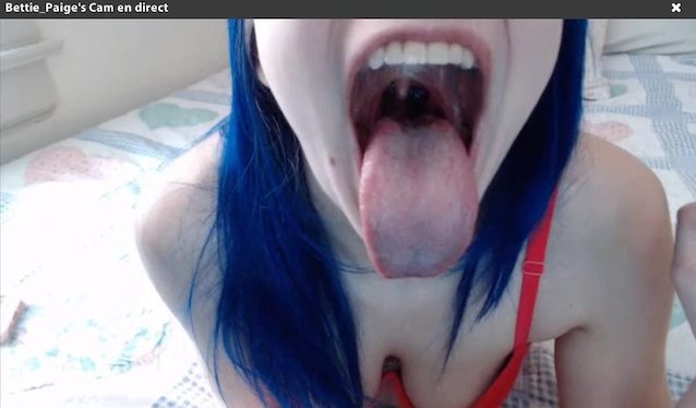 camgirl, blue hair, big tongue, open mouth, say ah