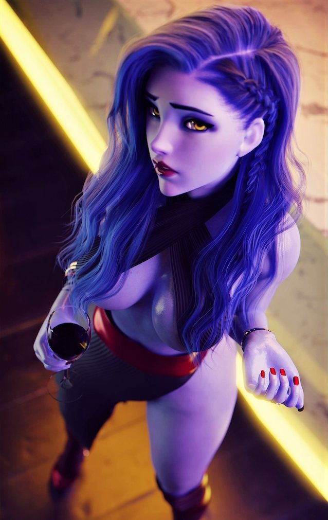 widowmaker, overwatch, purple woman, red nails, purple hair