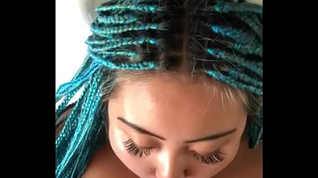 asian, braids, brunette, blue hair