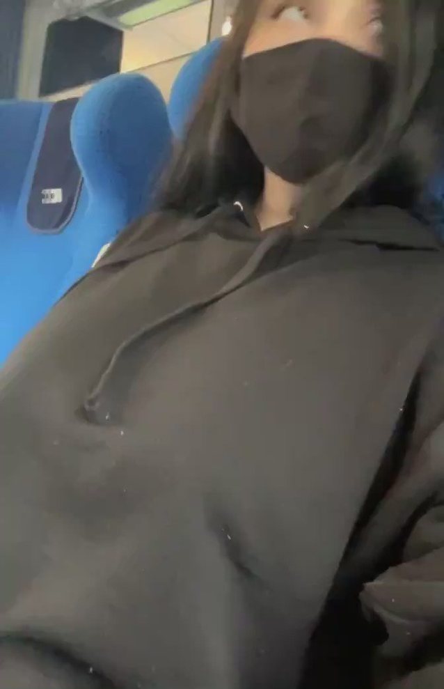 bus, outdoor, public, big tits, mask