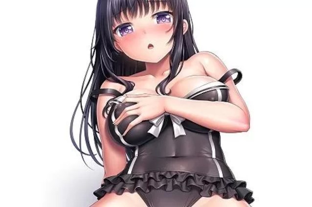 black hair, swimsuit, frilled swimsuit, black swimsuit, violet eyes