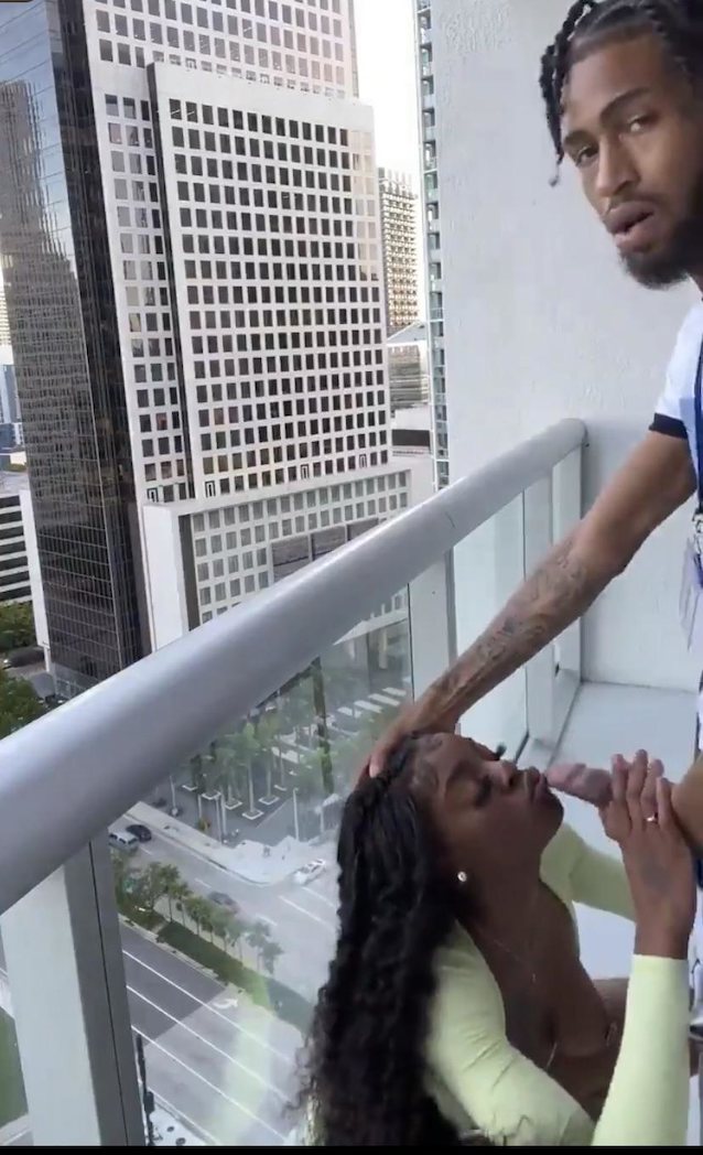 ebony, facial, balcony, mouth, blowjob