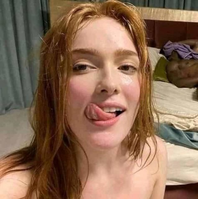 red hair, tongue, white skin, long hair, blacked