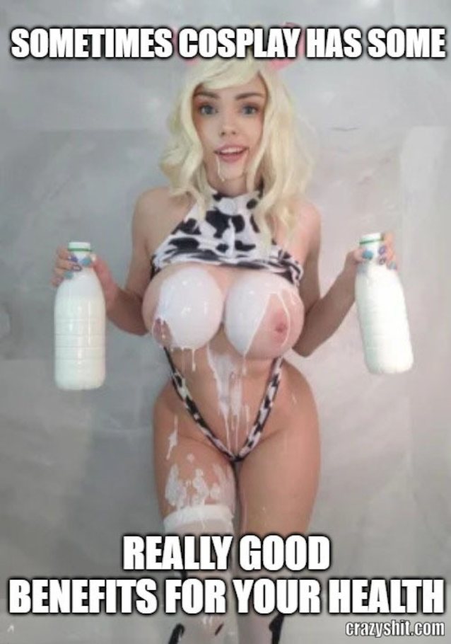 blonde, big boobs, cow, cosplay, milk