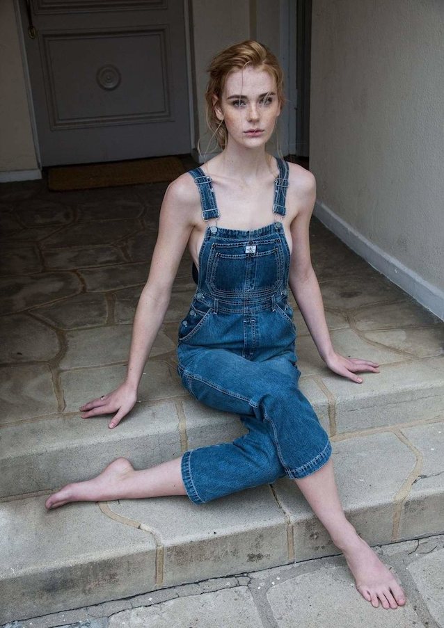 redhead, skinny, blue eyes, barefoot, overalls