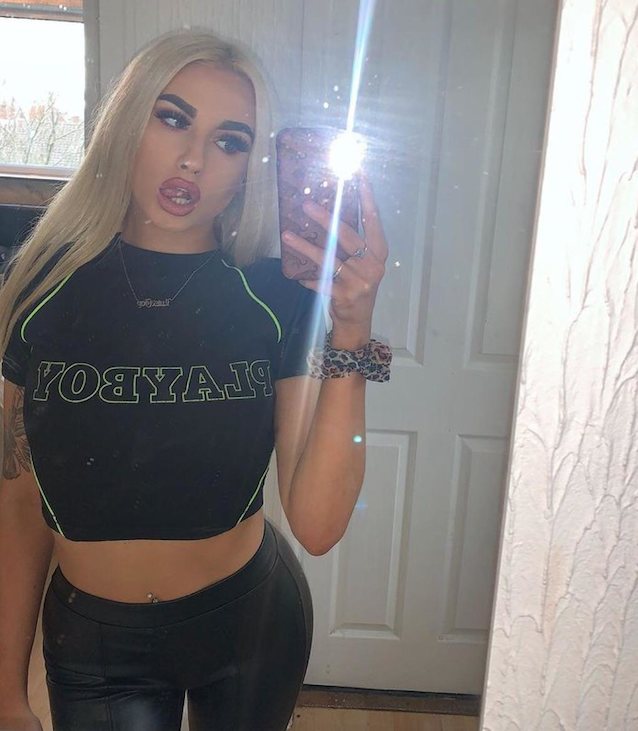 blonde, big tits, fake lips, mirror