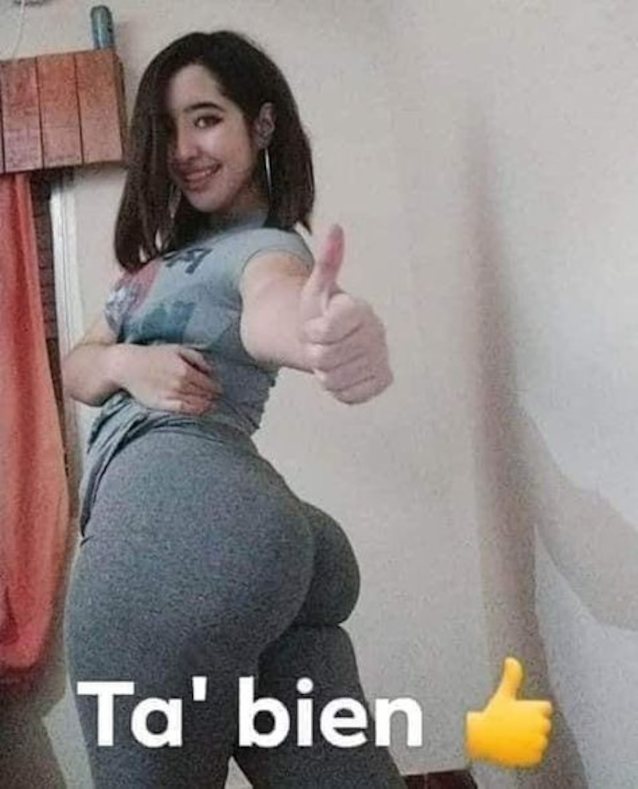 yoga pants, short black hair, ta bien, thumb signal, big booty