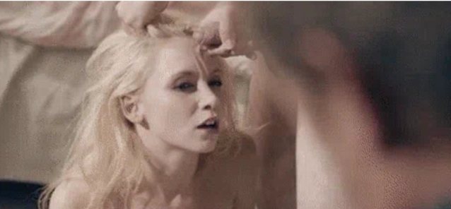 cumshot, blonde, perky tits, eye contact