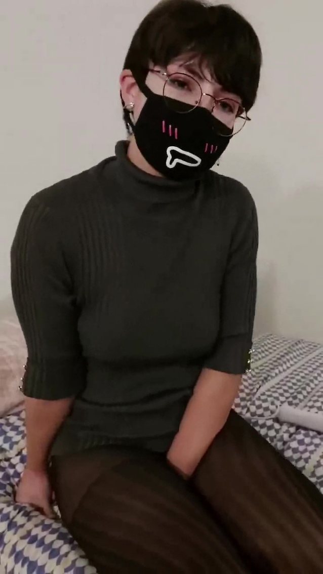 short hair, pantyhose, masturbation, glasses, masked