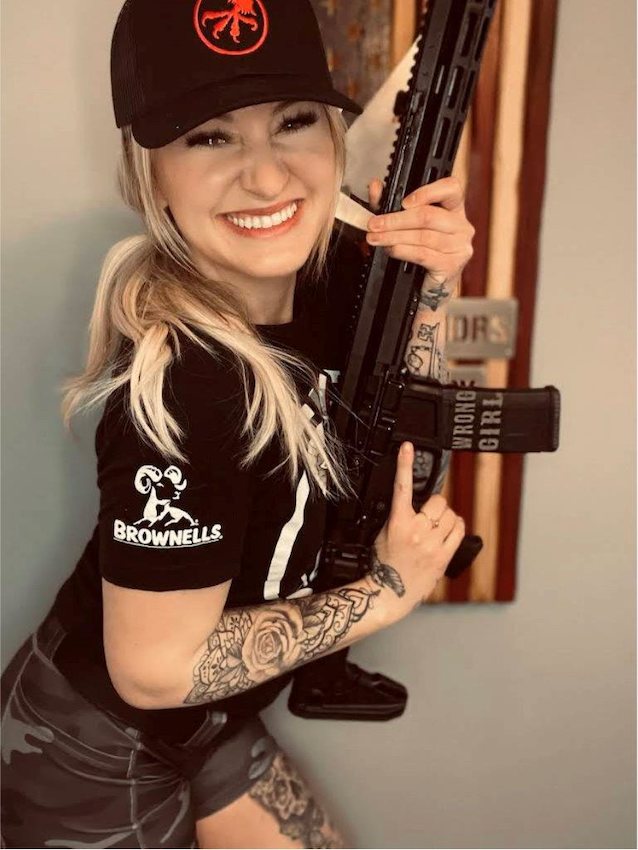 blonde, beautiful smile, tattoos, guns