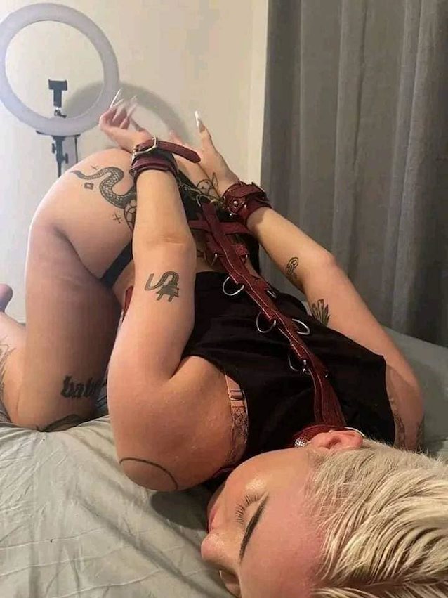 blonde, short hair, bdsm, tied, tattoo