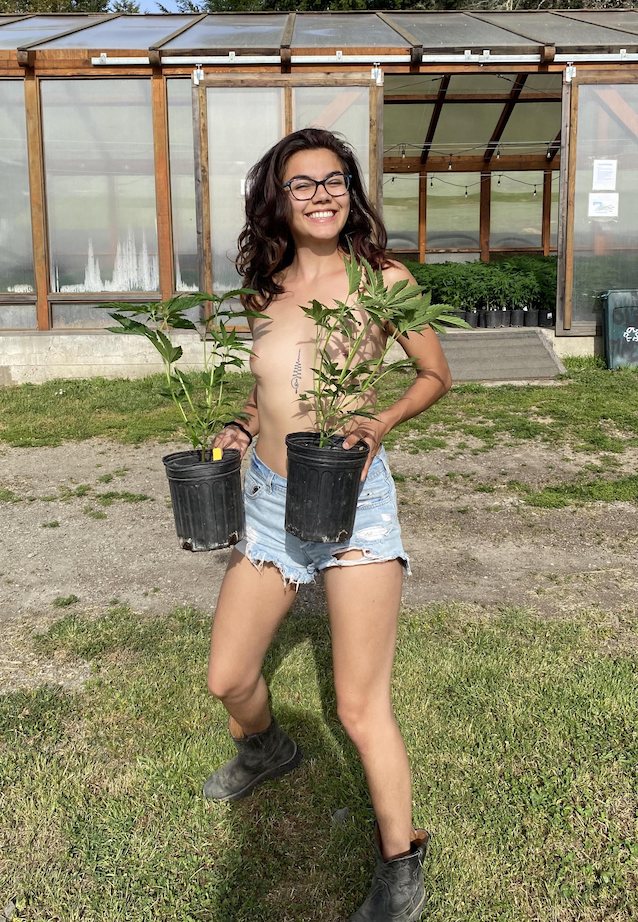 brunette, shorts, boots, plants, topless